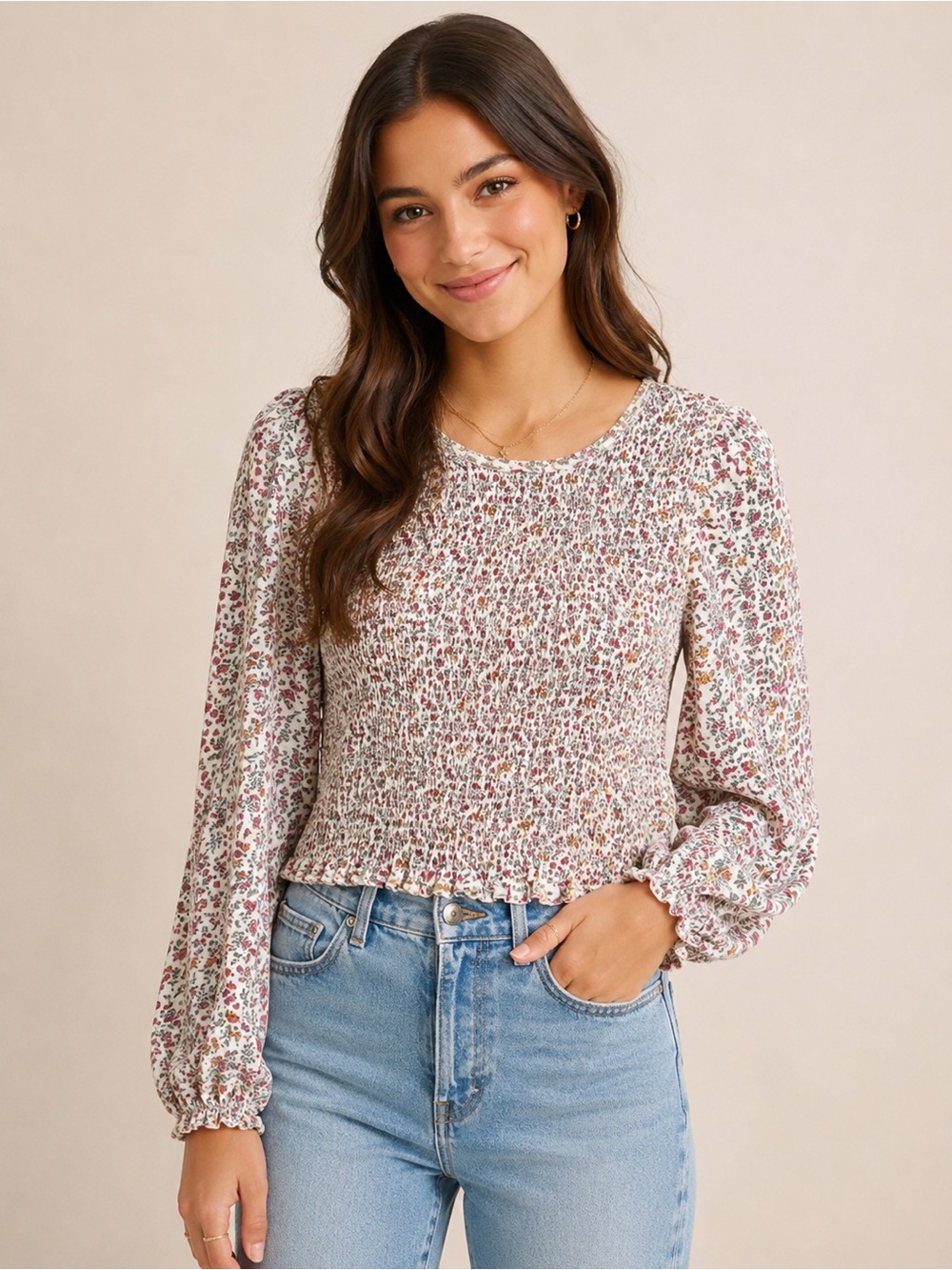 American Eagle EUC Floral Smocked
Blouse, long sleeve elastic wrist, keyhole 
LG